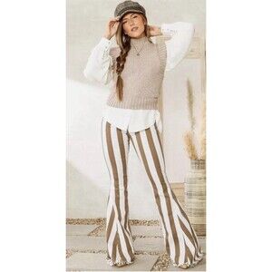 Saints And Hearts Women’s Tan Striped Bell Bottom Flare Jeans Frayed Hem M 29